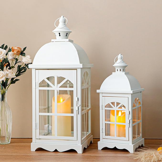 TRIROCKS Set of 2 Decorative Vintage Candle Lanterns 14.5"&20" H Farmhouse Outdoor Hanging Lanterns with Tempered Glass for Porch, Balcony, Patio, Home, Centerpieces, Indoor, Outdoor(White)