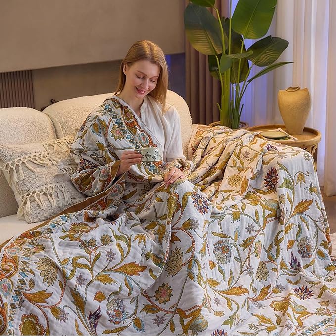 Fall Throw Blanket for Couch, Brown Boho Decorative Throw Blanket, 100% Cotton Muslin Breathable Woven Farmhouse Blankets Quilt, 90"x98" Reversible Lightweight Blankets Bohemian Throw Quilt