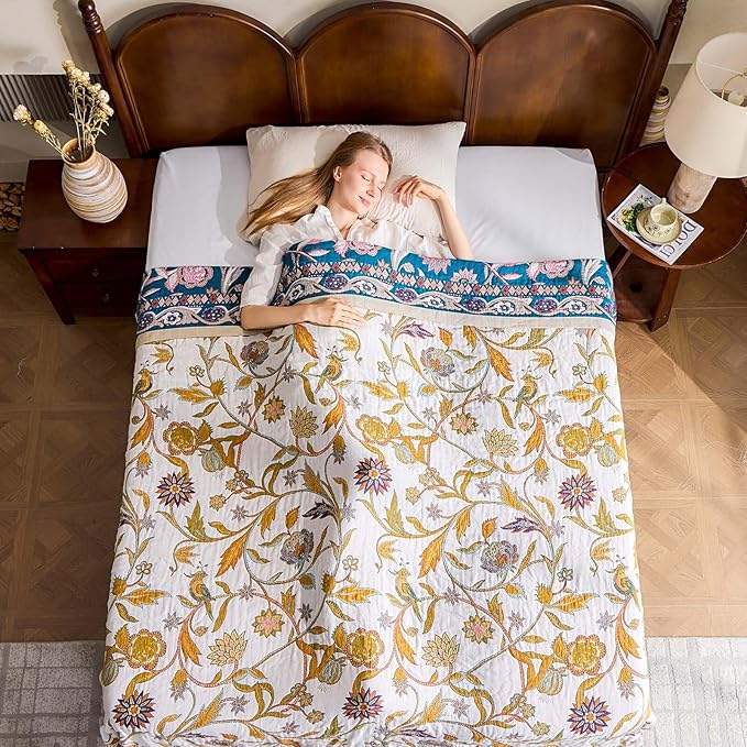 Fall Throw Blanket for Couch, Brown Boho Decorative Throw Blanket, 100% Cotton Muslin Breathable Woven Farmhouse Blankets Quilt, 90"x98" Reversible Lightweight Blankets Bohemian Throw Quilt