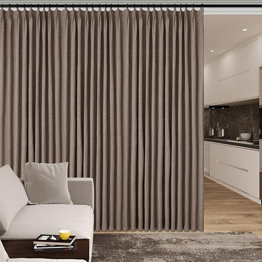 100% Blackout Linen Textured Drapes for Bedroom Pinch Pleated Curtains for Track System Portable Drapery for Sliding Glass Door/Storage/Space Room Divider, 70" Wx84 L, 1 PC, Light Brown