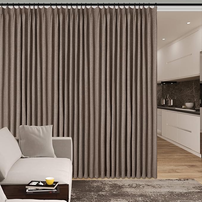 Full Blackout Privacy Curtains, 240 Inch Extra Wide Linen Blend Drapes, Pinch Pleat Window Drapery for Room Divider Storage/Space Room Separation, 1 Panel, W 240" x L 108", Light Brown