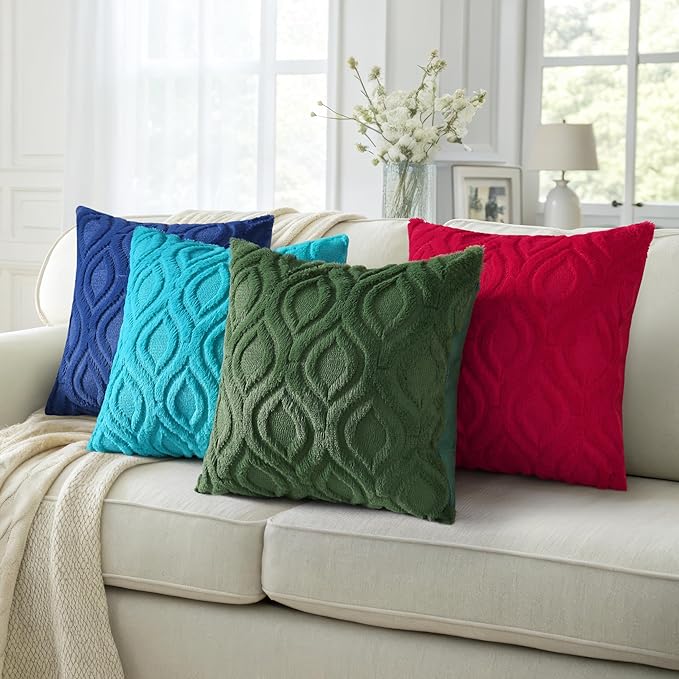 decorUhome Fall Throw Pillow Covers 22x22 Inch Set of 2, Soft Plush Decorative Faux Fur Teal Solid Couch Pillow Covers, Accent Farmhouse Neutral Square Euro Pillow Cases for Sofa Bed Living Room