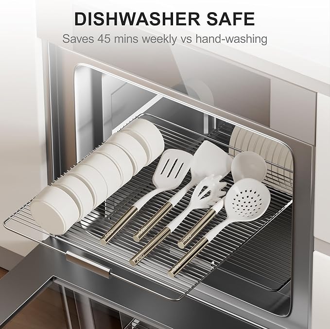 OOU Silicone Kitchen Cooking Utensils Set, 446°F Heat Resistant Kitchen Tool Set with Magnetic Wall Mounted Holder, 6 pcs Spatula Set with Stainless Steel Handle, Dishwasher Safe