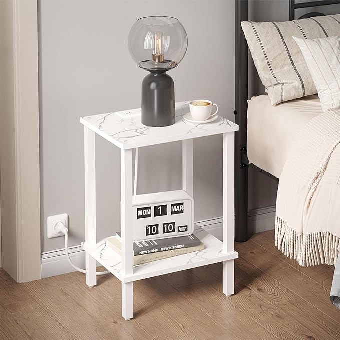 TUTOTAK End Table with Charging Station, Set of 2, Small Side Table, Nightstand Bedside Table, 2-Tier Storage Shelf for Small Space, Living Room, Bedroom, Marble White TB01BMW041