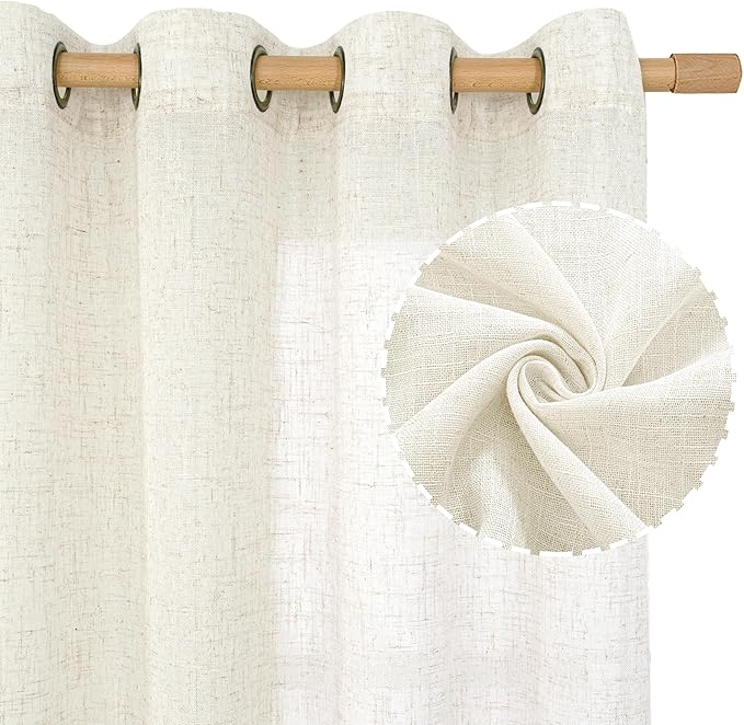 LAMIT Natural Doorway Linen Curtains 80 inch Length 2 Panels, Cream Light Filtering Semi Sheer Panels Bronze Grommet Neutral Drapes for Living Room/Bedroom, 34 x 80 Inch