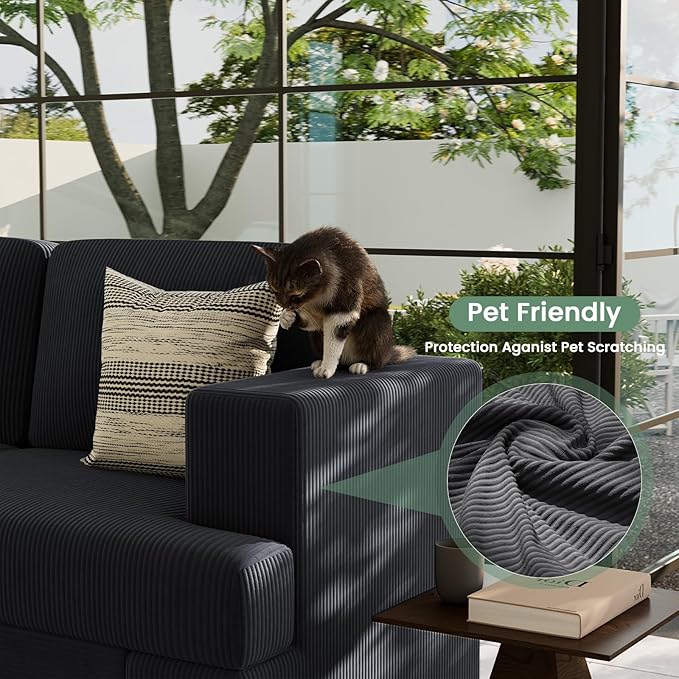 2 Pieces Corduroy Couch Set for Living Room, Black Cloud Sofa, Deep Seat Floor Couch for Bedroom, Futon Modern Sofa Sectional Bed, Black Corduroy