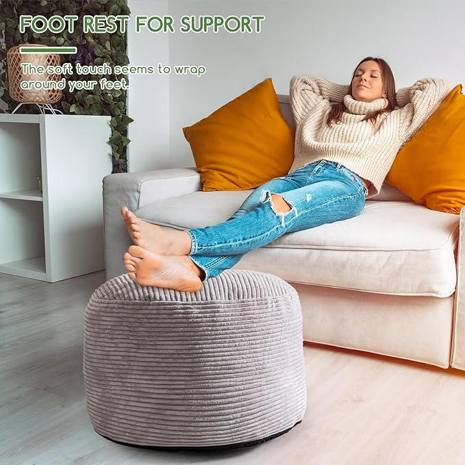 HIGOGOGO Round Stuffed Pouf Ottoman, Corduroy Poufs with Foam Chunk Filling, Furry and Fluffy Pouf Foot Stool Storage Ottoman, 26 X 18 Floor Poufs Foot Rest for Living Room, Grey