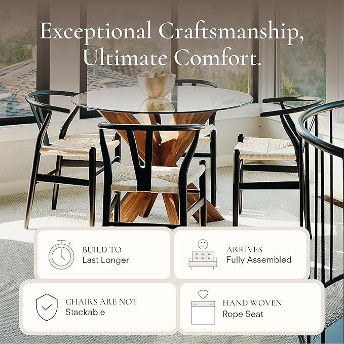 POLY & BARK Weave Dining Chairs – Mid-Century Modern Wishbone Dining Chairs with Arms, Solid Wood Frame, Indoor Use – Black – Set of 2 - Ideal for Dining Room, Kitchen or Stylish Accent Setting