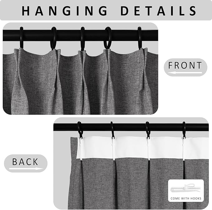 Macochico Pinch Pleated 100% Blackout Curtains Natural Grey Linen Curtains for Bedroom Living Room Farmhouse Thermal Insulated Window Panels Pleated Curtains with Hooks and Tieback 52”Wx72”L 1 Panel