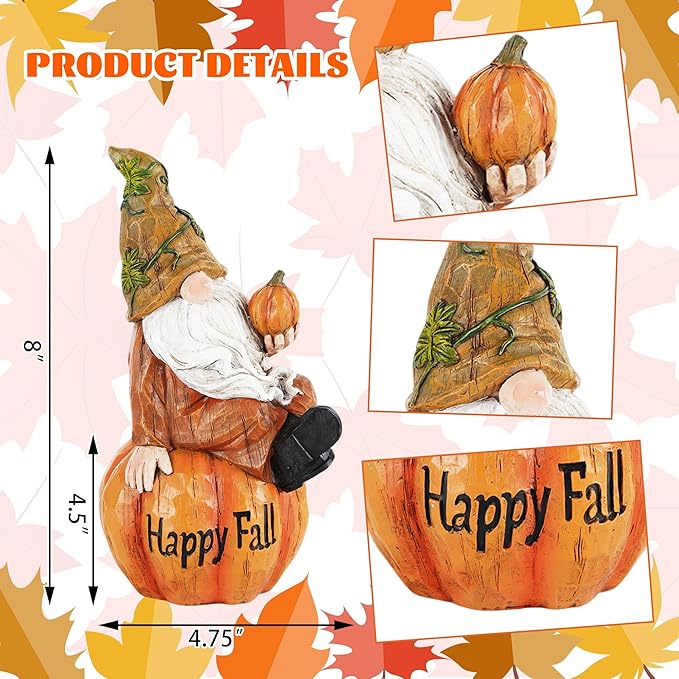 Topadorn Fall Garden Gnome Figurine Sitting on Pumpkin Statue Autumn Harvest Garden Gnomes Statue Figurine for Patio Yard Lawn Porch Decoration, Happy Fall
