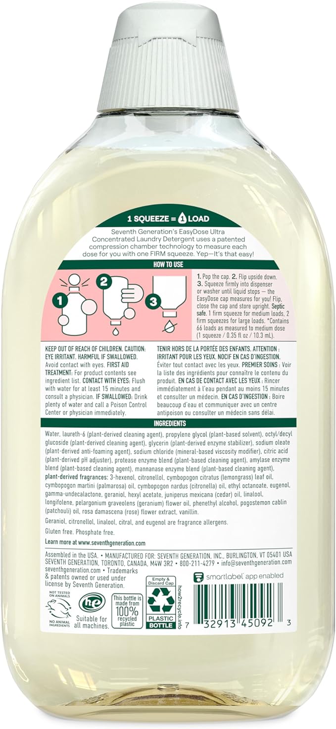 Seventh Generation EasyDose Laundry Detergent Ultra Concentrated Rose Washing Detergent 23 oz, Pack of 2