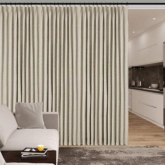 120" Wx108 L Linen Room Divider Drapes for Doorway/Glass Window/Sliding Door/Patio, Extra Wide Pinch Pleated Full Blackout Curtains for Girls Boys Teen Kids Room, 1 Panel, Beige