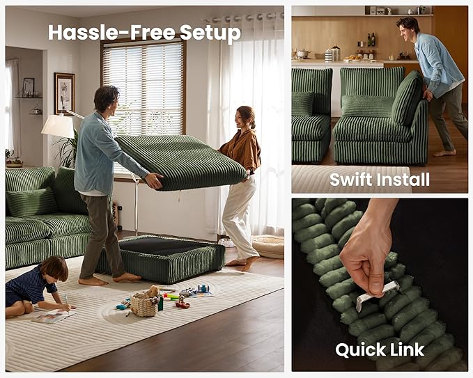 Oversized Modular Sofa, Extra Deep Cloud Corduroy Sectional Couch with Ottoman Chaise, Fluffy Chenille 4 Seat L-Shaped Sofa for Living Room, Villa (L Shape 4 Seater, Corduroy Green)