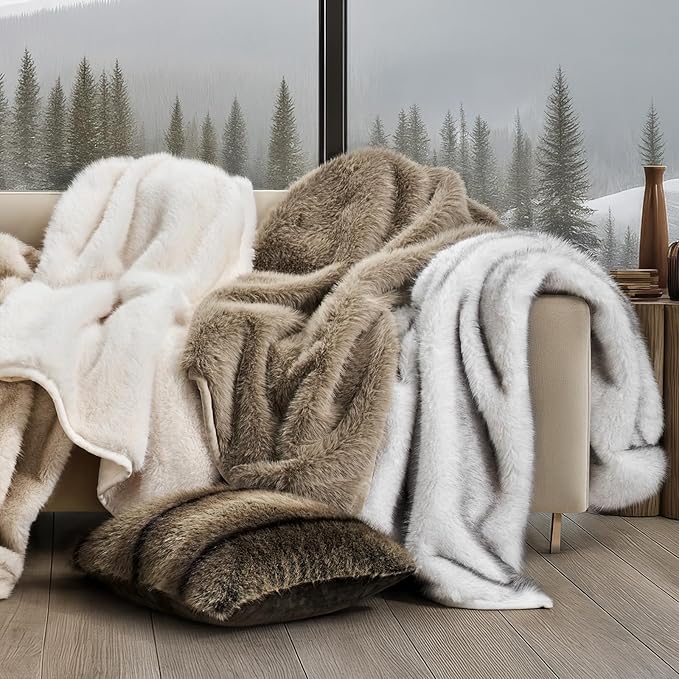 Luxury Faux Fur Throw Blanket, Soft Fluffy Faux Mink Blankets for Bed, Couch, Sofa, Thick Cozy Plush Warm Fur Throws with Reversible Velvet, Natural Mink, 60"x80"
