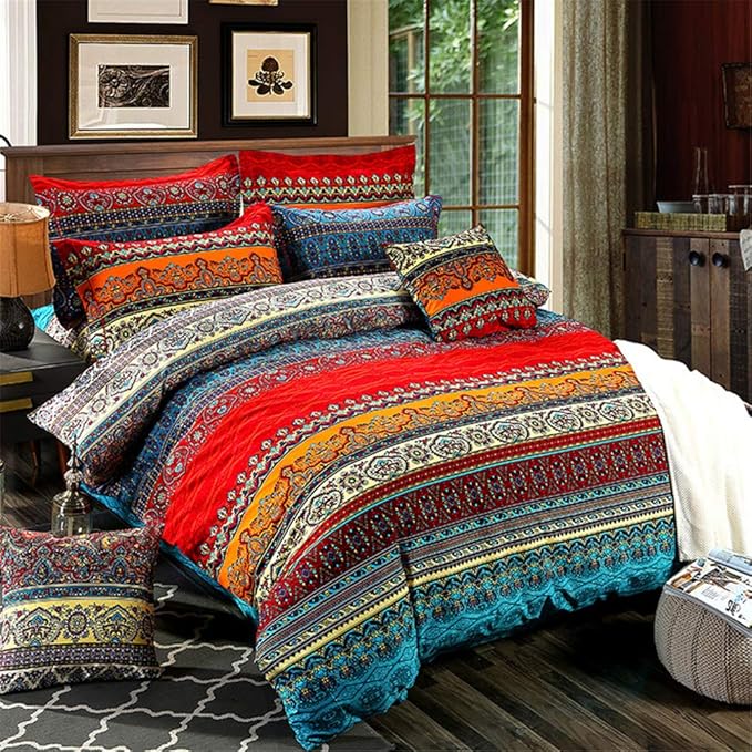 ABREEZE 3Pcs Bohemia Retro Bedding Ethnic Vintage Floral Duvet Cover Boho Bedding 100% Brushed Cotton Bedding Sets Damask Paisley Coloful Mandala Down Comforter Cover,Queen