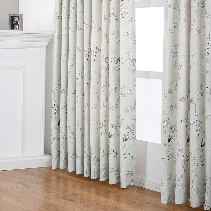 Pinch Pleated Floral Linen Curtains, 72 Inch Wide by 96 Inch Long Printed Curtains for Privacy Light Filtering, Suitable for Living Rooms and Sunrooms.2 Panels