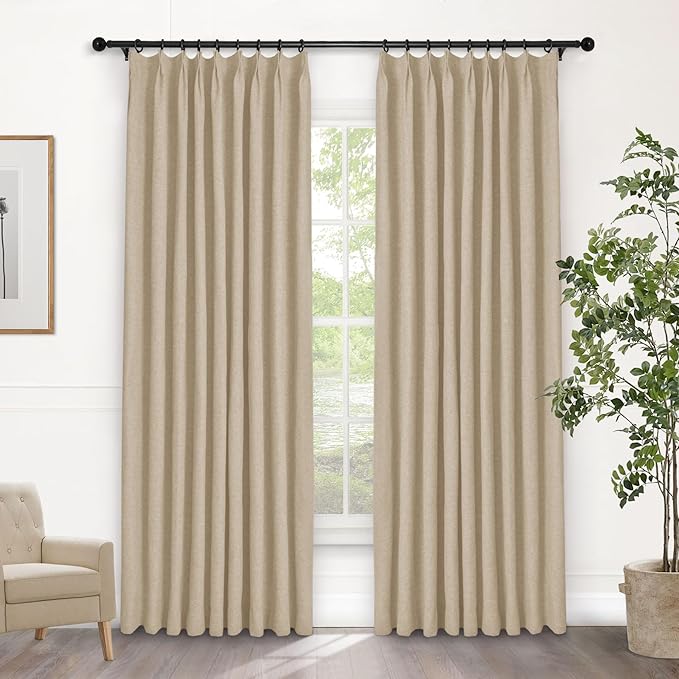 Macochico Pinch Pleated Blackout Curtains 102 Inches Long 100% Blackout Natural Linen Drapes for Bedroom Living Room Windows Farmhouse Burlap Curtains with Tieback 52”Wx102”L Sand Beige 1 Panel