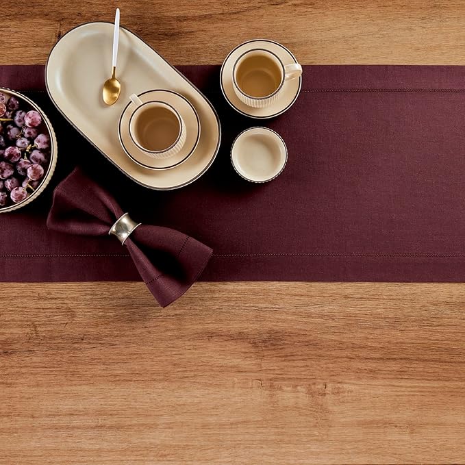 Solino Home Linen Burgundy Table Runner 132 Inches Long - 100% Pure Linen Extra Long Table Runner 14 x 132 Inch for Fall, Autumn, Thanksgiving - Classic Hemstitch