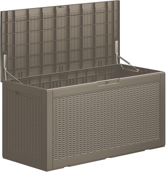 100 Gallon Double-Wall Resin Deck Box - Lockable Waterproof Outdoor Storage Box, 1000lbs Capacity & Doubles as Seating for Patio Furniture - Garden Tools, Pool Accessories (Brown)