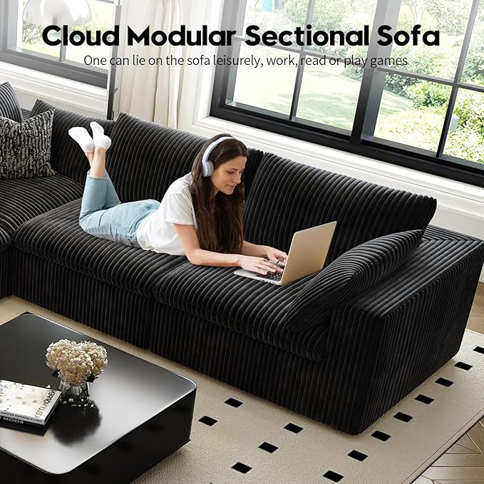 118" Cloud Couch Oversized Modular Sectional Sofa for Living Room,Modern Sofa with Deep Seat，V Shaped Boneless Couch,Comfy Upholstered Corduroy Couches for Apartment, Studio, Office,Bedroom，Black