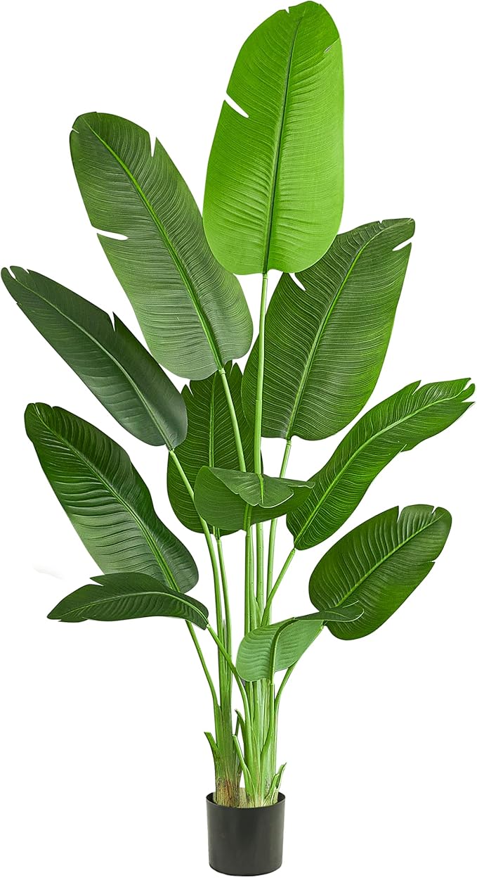 Faux Bird of Paradise Silk Artificial Plant Faux Banana Leaf Tree for Home Decor Indoor Floor Plant with 11 Trunks (1, Black Planter, 6.6 FT)