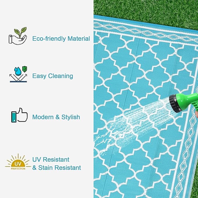GAOMON Outdoor Plastic Straw Rug, 10'x14' Reversible Sage Green Patio Mat, Flower Modern Design for RV, Backyard, Deck, Camping, Picnic, Teal/White(Geometric)
