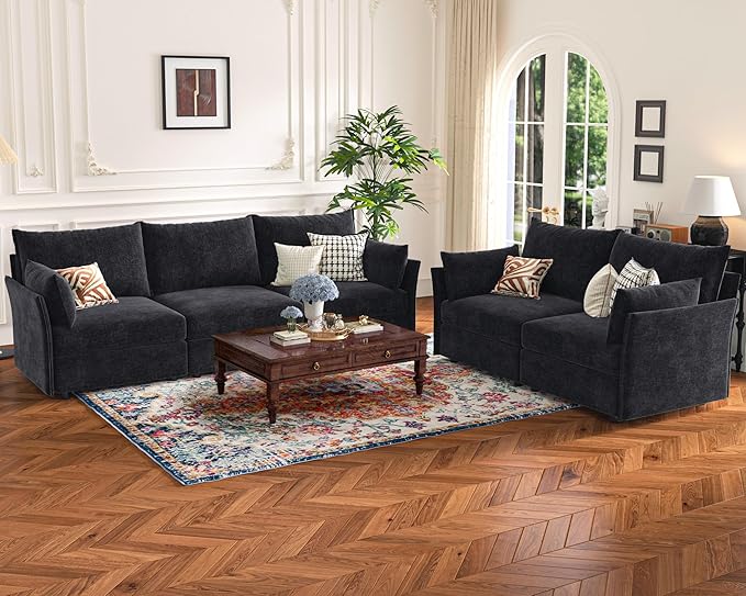 136.4" Oversized Modular Sectional Sleeper Sofa Bed, U Shaped Convertible Couch with Movable Ottoman, Large 8 Seat Corner Couches for Living Room Deep Seat Black Chenille