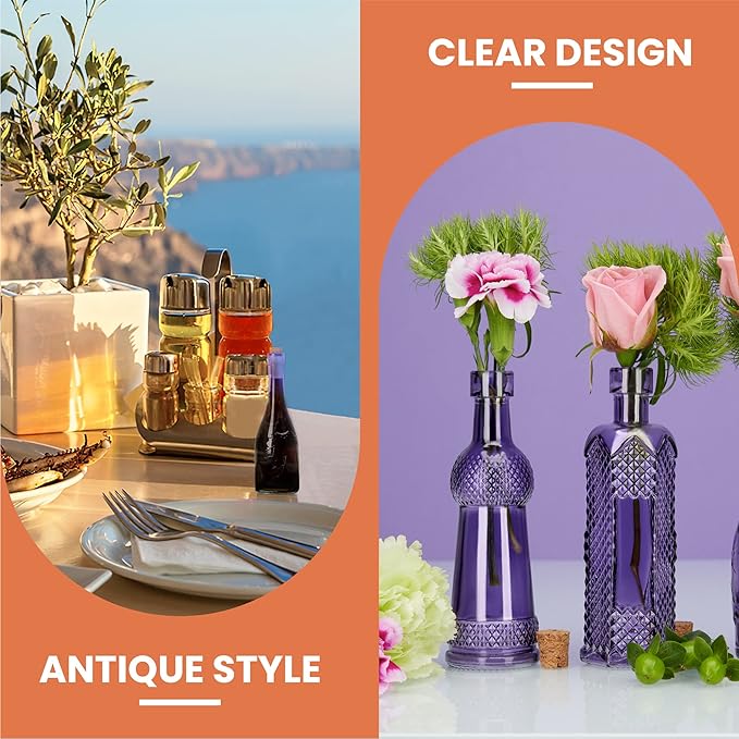 Small Mini Purple Vintage Glass Bottles with Corks, Mini Vases, Decorative Glass Bottle, Potion Bottles, Assorted Design Set of 12 pcs, 4.6 Inch Tall (11.43cm), 1.4 Inch Wide (3.56cm)