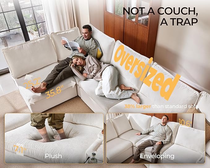 Oversized Modular Sofa Comfy Cloud Couch with Storage, Extra Deep Plush Sectional Sofa Set for Living Room, Covers Washable, Chenille, Olar (White, 6-seatser with Corner & Ottoman, v-Shaped)