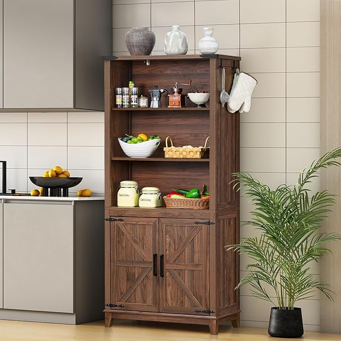 70in Tall Bookshelf 5 Tier Bookcase with Barn Doors and Adjustable Shelves, Brown Farmhouse Book Shelf with Storage Cabinet, Wood Freestanding Display Bookshelves for Bedroom, Kitchen (2PCS)