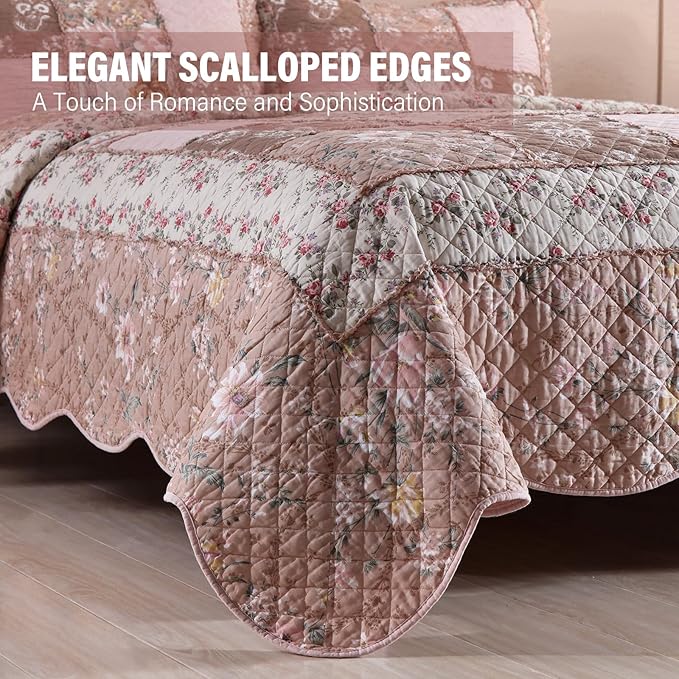 NEWLAKE Quilt Set Queen Size, Cotton Patchwork Pink Floral Quilt Sets, Real Stitched Embroidery Bedspread Lightweight and Breathable for All Seasons, Soft Quilted with 2 Pillow Shams