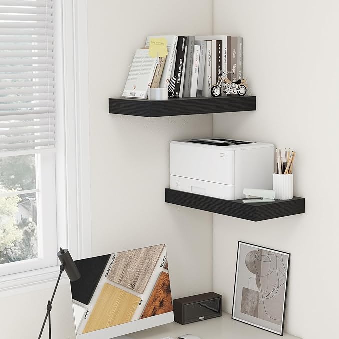 Deep Floating Shelves for Wall, 24W x 12D Black Floating Shelves Set of 2, 12'' Deep Large Wood Shelves for Living Room Bathroom Laundry Room Bedroom Kitchen Home Office - Black