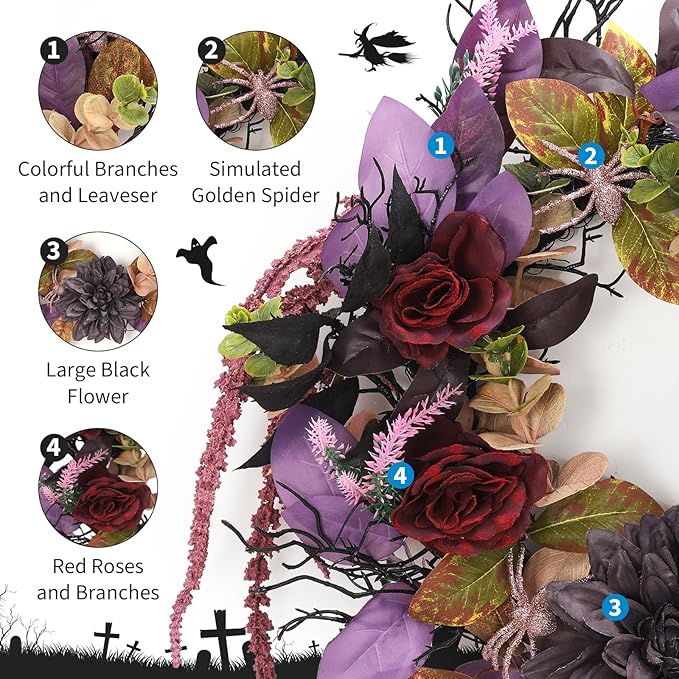 GarveeHome 18 Inch Halloween Wreath, Halloween Garland with Artificial Roses & Spiders, Indoor Outdoor Holiday Accent Decoration for Front Door Porch Wall Home Party Window, Red & Purple