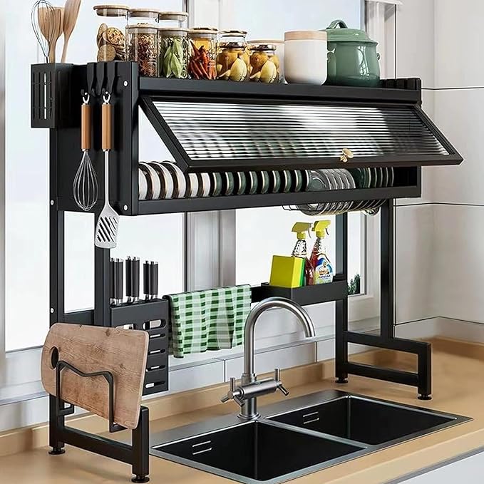 Dish Drying Rack, 3-Tier Over Sink Dish Drying Rack, 33.5" Over Sink Dish Rack for Small Kitchen, Space-Saving Dish Rack with Cover, Baskets, Utensil, Large Sink Storage Organizer Black