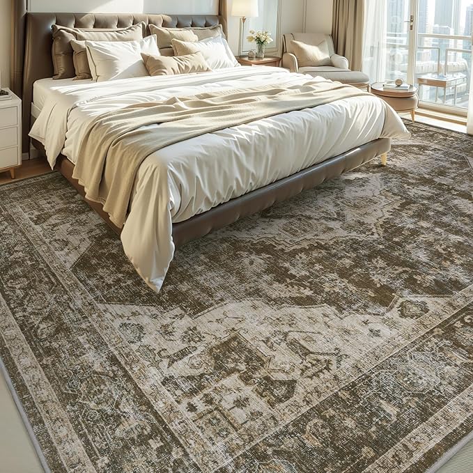 AMOAMI 6FT Round Rug - Vintage Soft Coffee & Brown Rugs for Living Room, Bedroom, Dining Room, Office - Non Slip, Machine Washable