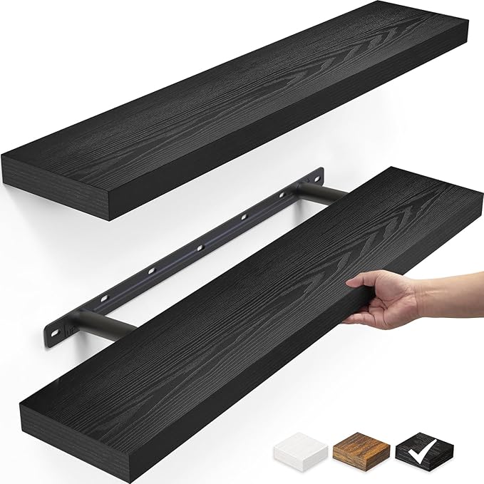 BAYKA Floating Shelves for Wall, 22.5" Wall Mounted Rustic Wood Shelves for Bathroom, Bedroom, Living Room, Kitchen, Office, Hanging Shelf for Books/Storage/Room Decor Capacity (Black, Set of 2)