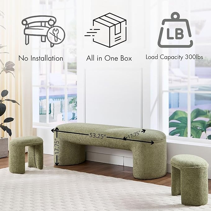 3-Piece 53" Comfy Upholstered Dining Bench with 2 Ottomans, Accent Waterfall Bench Modern End of Bed Entryway Bench Vanity Stool, Green Chenille