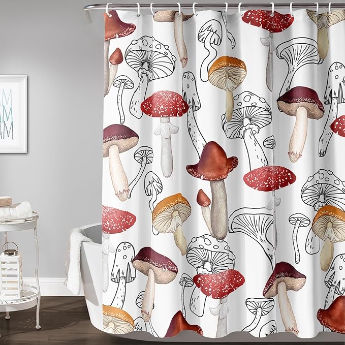 AILONEN Cartoon Mushroom Shower Curtain,Modern Shabby Chic Plants Fungus Themed Waterproof Bath Curtain,Minimalist Curtain for Bathroom Decor, 72" W x 84" H
