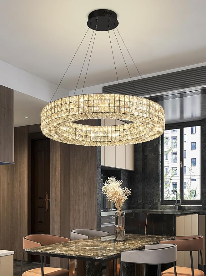 Dia 24" Modern Crystal Chandelier Black Ring Chandelier Adjustable Height Luxury Crystal Pendant Ceiling Light Fixture for Dining Living Room Bedroom