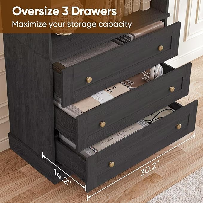 Vyre 71" Tall Farmhouse Bookshelves with Drawers, Set of 4 – Large Modular Bookcase with Adjustable Shelves, Storage Cabinet for Living Room, Kitchen, Home Office, Black