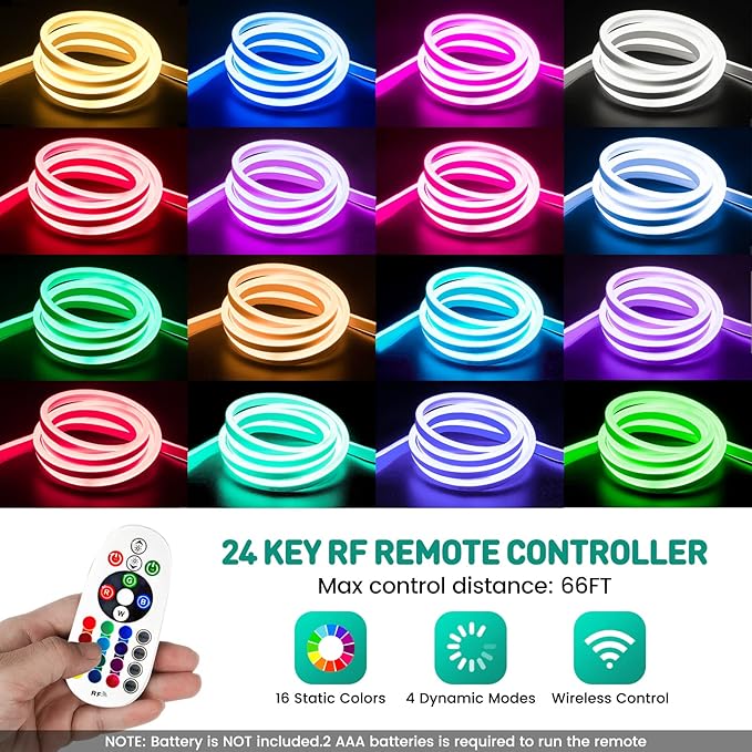 GZBtech RGB LED Neon Rope Lights 66FT/20M, AC 110-120V Waterproof Color Changing LED Rope with Remote Controller, Dimmable Multi Color Neon Rope Lighting for Indoor Outdoor Commercial Use
