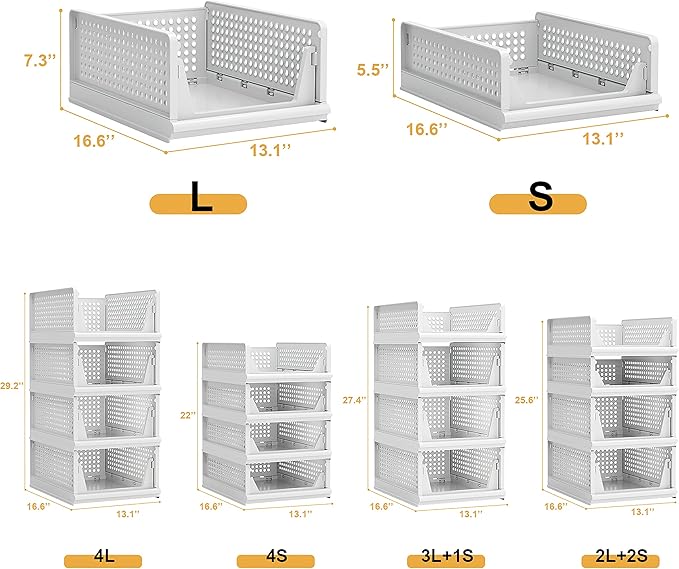 4 Pack Stackable Plastic Storage Basket Closet Organizer Bin Foldable Clothes Organizer Storage Drawer Shelf Container for Living Room Bathroom Kitchen Office (4S)