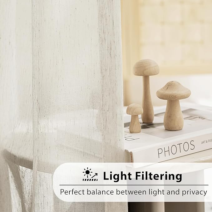 FMFUNCTEX Linen Sheer Curtains for Bedroom, Beige Curtains 45 inches Long for Living Room, Natural Flax Blend Window Draperies for Farmhouse Curtain, Rod Pocket 2 Panels
