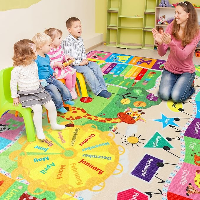 Kids Rugs for Playroom Classroom Bedroom, Educational and Fun Play Mat with ABC Alphabet Animals, Learning Rug for Children Toddler Baby Girls Boys Nursery, Washable, 4x6