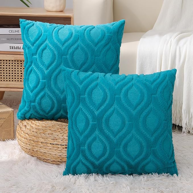 decorUhome Fall Throw Pillow Covers 26x26 Inch Set of 2, Soft Plush Decorative Faux Fur Teal Solid Couch Pillow Covers, Accent Farmhouse Neutral Square Euro Pillow Cases for Sofa Bed Living Room