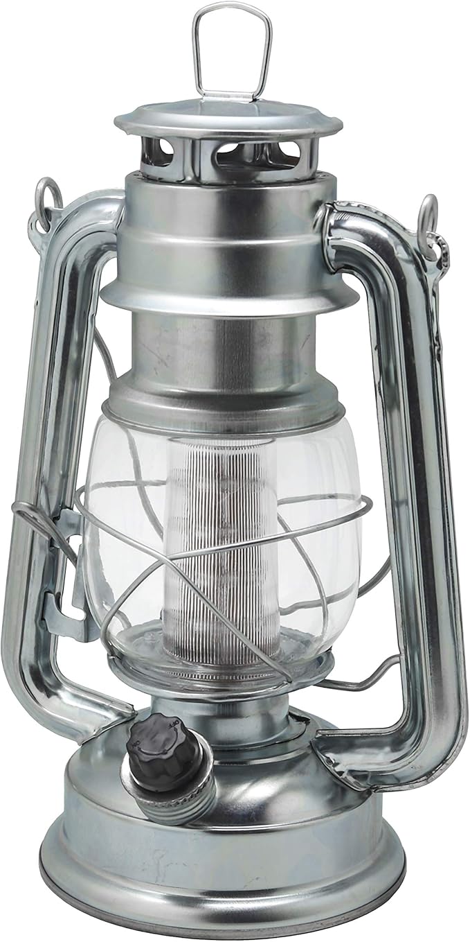 YAKii LED Vintage Lantern Metal Hanging Hurricane 12 LED Dimmer Switch Cold White Battery Operated Power Outage Indoor Camping Lighting Outdoor Brooklyn (Silver 2 Pack)
