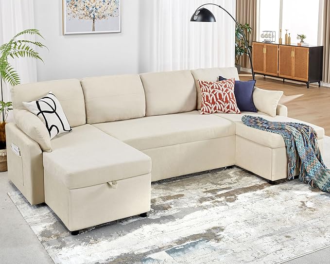 VanAcc Sleeper Sofa, 110 inch Oversize - 2 in 1 Pull Out Bed, Sectional Sleeper Sofa with Double Storage Chaise for Living Room, Beige Chenille Couch