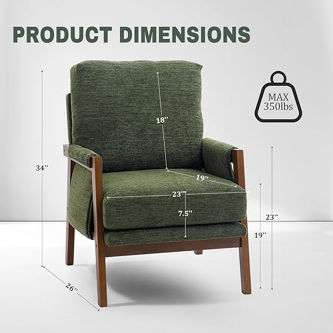 Modern Accent Chairs Set of 2 for Living Room Mid Century Arm Chairs Upholstered Bedroom Chairs Comfy Lounge Chairs with Solid Wood Frame, Green
