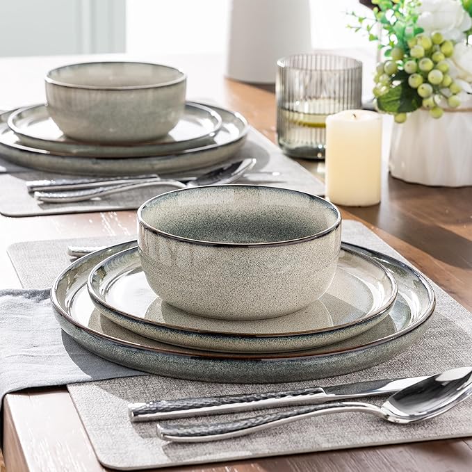 GBHOME Ceramic Dinnerware Sets for 12, 36 Pieces Stoneware Plates and Bowls Sets, Reactive Glaze Dishes -Scratch Resistant, Dishwasher&Microwave Safe, Green Wheat