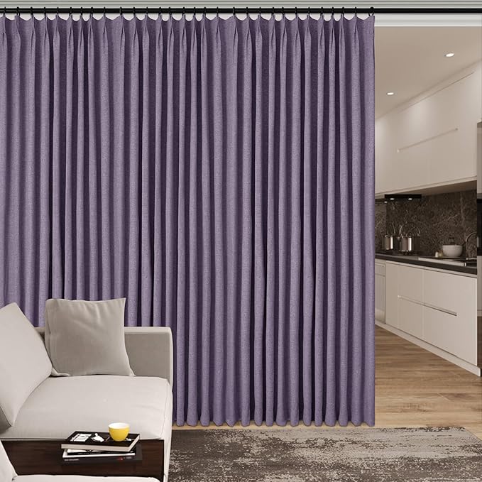 100% Blackout Linen Textured Drapes for Bedroom Pinch Pleated Curtains for Track System Portable Drapery for Sliding Glass Door/Storage/Space Room Divider, 70" Wx84 L, 1 PC, Violet